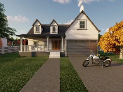3D Villa 7 Model house with motorcycle parked in front 3D model