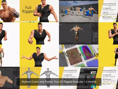 Stylized Coach and Fighter Duo 3D Rigged Muscular 3D Model Pack