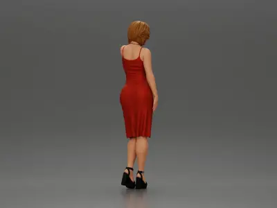 Girl in mini dress and heels with short hair places hand on neck 3D print model