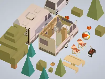 isometric camping van car parked with barbecue Low-poly 3D model