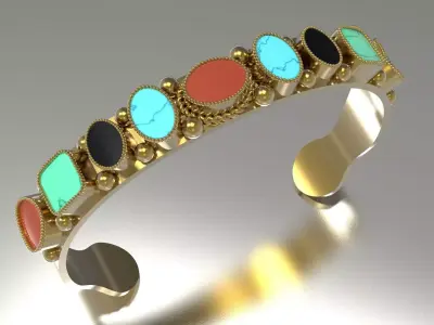 Open Cuff Bangle with Multi Colored Gemstone model bg0066 3D print model