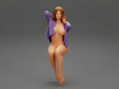 brunette woman in tight fit short nude dress sitting on chair 3D print model