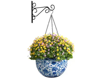 Hanging basket flowerpot rattan pot with flowers  3D model buy