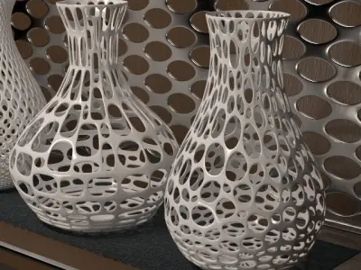 Vases 3d print four on wooden shelf 3D model