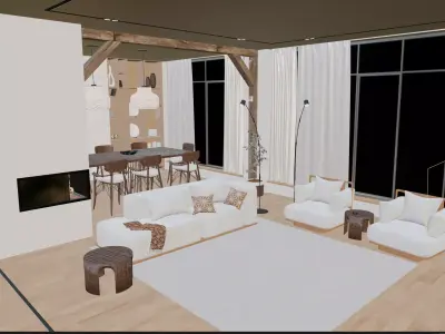 Modern Living Room and Dining Room Interior Scene  3D model