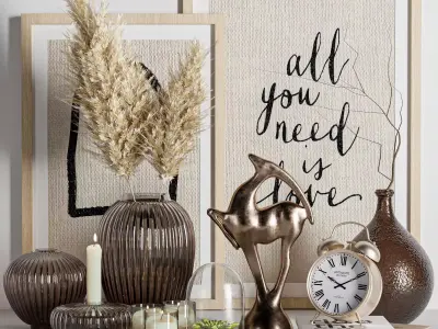 Decorative set items and clock on table 3D model