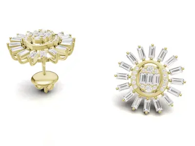 Sunburst Baguette Diamond Stud Earrings 3D print model