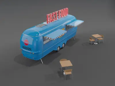Blue Fast Food Trailer  Low-poly 3D model