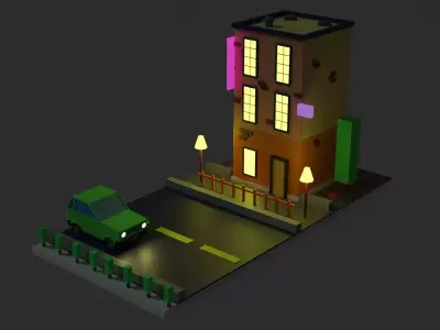 Cubic Building and Car Free low-poly 3D model