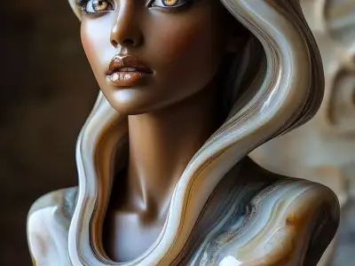 Marble Woman Bust 3D Artistic Sculpture Flowing Stone Hair Low-poly 3D model