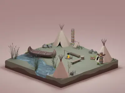 Native American village Low-poly 3D model