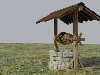 Stone Well with rope and mechanism 3D model