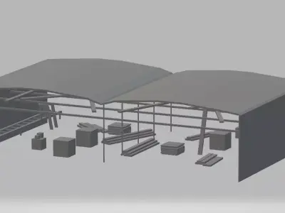 Low Poly Sawmill industrial warehouse with roof Low-poly 3D model