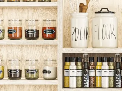 A cabinet with kitchen utensils dishes and decor 3D model