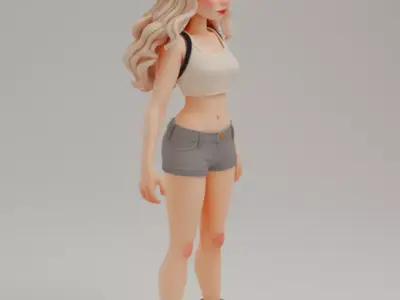 Stylized 3D Girl Cartoonish Female Character Wavy Hair Low-poly 3D model