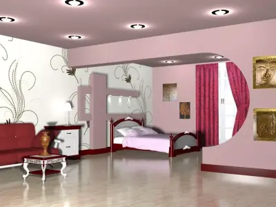 Bedroom with walls and furniture Free 3D model