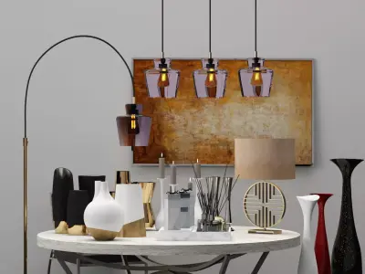 Decorative set - 4 modern living room with three pendant ligh... 3D model