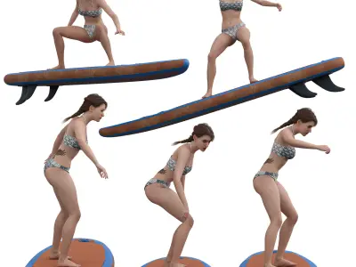 Woman with Paddle Board 05 Poses Low-poly 3D model