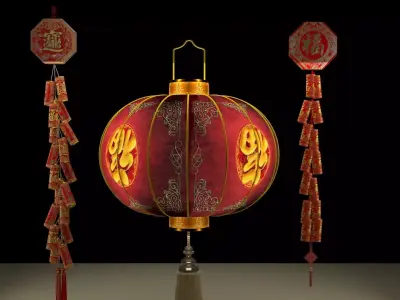 Chinese red lantern anf fire cracker 3D model