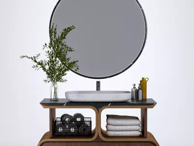 Bathroom-X bathroom vanity with round mirror above it Free low-poly 3D model