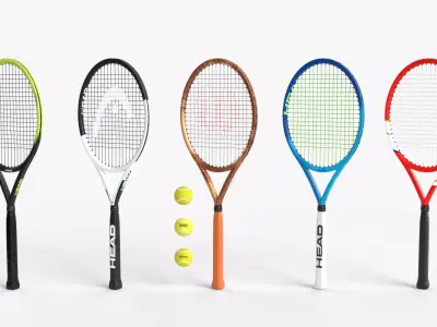 Collection of tennis rackets and balls Low-poly 3D model