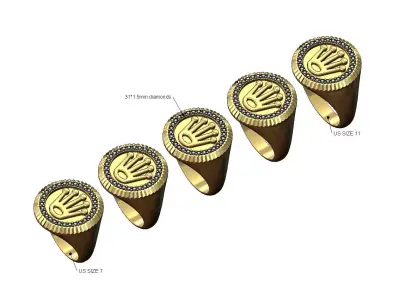 Fluted watch crown round diamond signet ring US sizes 7to11 3D print model