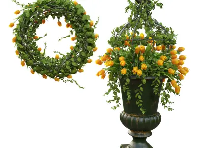 Vase with tulips and a wreath of tulips 03 3D model