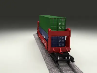 Red Train Well Car w Containers 3D model
