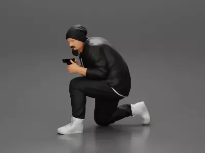 Gangster in jacket sitting holding a gun hides behind the car 3D print model