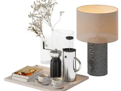 Coffee set 15 - tray pot cup books bouquet pot lamp 3D model