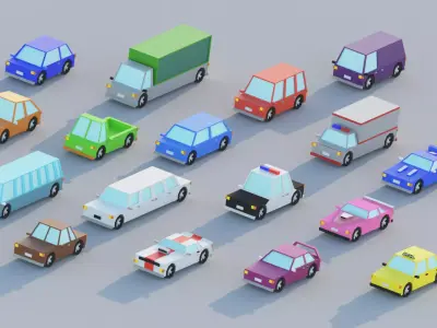 Cartoon Low Poly Cars Kit - 17 Vehicles Low-poly 3D model