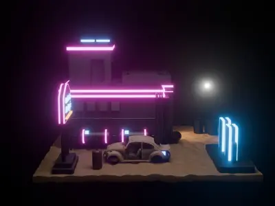 Cyberpunk Stylized Gas Station Building 3D model Low-poly 3D model