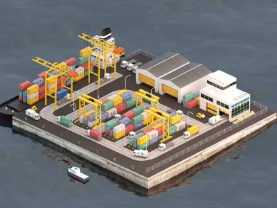Realistic isometric cargo port scene Free low-poly 3D model