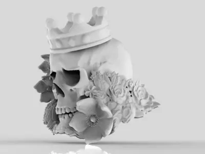 Detailed Realistic Jewelery element Man Skull Flowers and Crown 3D print model