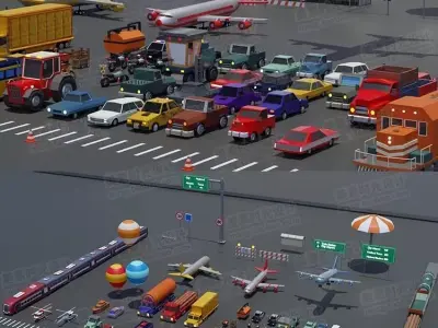 Cartoon Transport Model airplane car bus  3D model