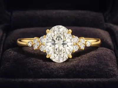 Oval Engagement Ring with Asymmetric Cluster Accents 3D print model