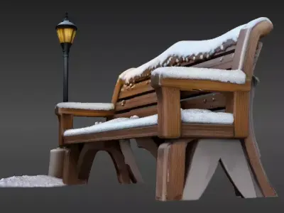 Winter Street Bench with Lantern 3D Scene  Model Holiday Scene  Low-poly 3D model