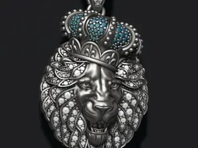 Leon pendant with royal crown diamonds and opened mouth 022 3D print model