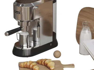 Kitchen Decor With Coffee Machine and Croissants 3D model
