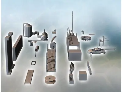 Set of modern outdoor accessories with car carcass advertising s 3D print model