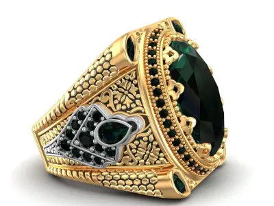 Turkish King Crown Ottoman Oval Green Emerald Stone Mans Ring 3D print model