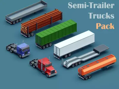 Cartoon stylized 2 semi trucks and 6 types of trailers pack