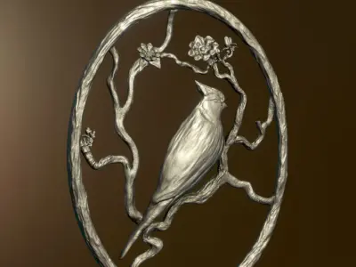 Blue Jay Bird High Detailed Branches and Flowers Necklace  3D model