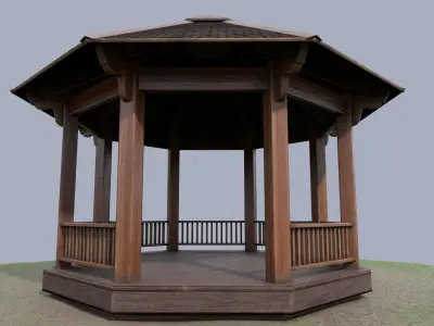 Wooden octagon gazebo house in garden Low-poly 3D model