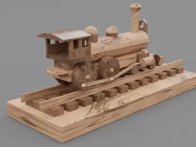 Wood toy locomotive  Low-poly 3D model