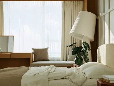 Modern Minimalist Beige Bedroom Interior 051 3D model