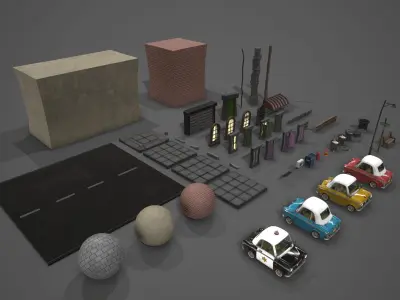 Stylish police car and small car architecture Low-poly 3D model