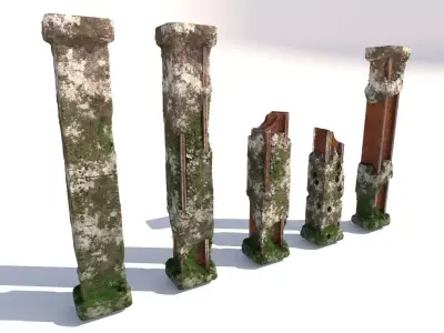 modern concrete columns destroyed and broken 3D model
