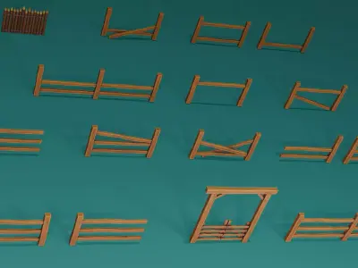 Stylized Low Poly wood Fence and Gate Low-poly 3D model