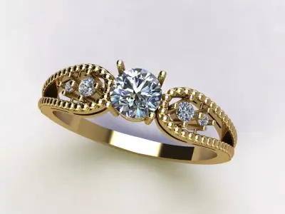 Solitaire Ring with Open Band and Side Brilliant Details 3D print model